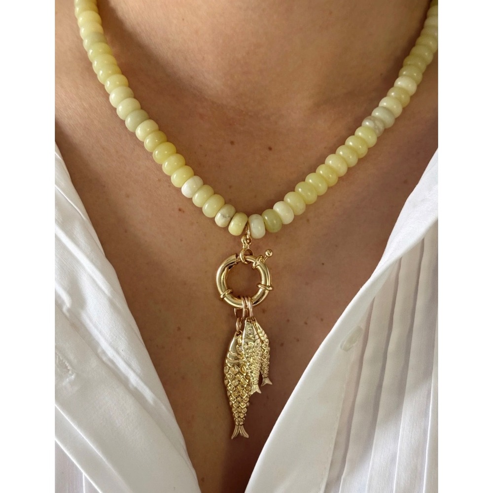Elan Lime Gemstone Beaded Necklace Gold Fish Charms NWT $90